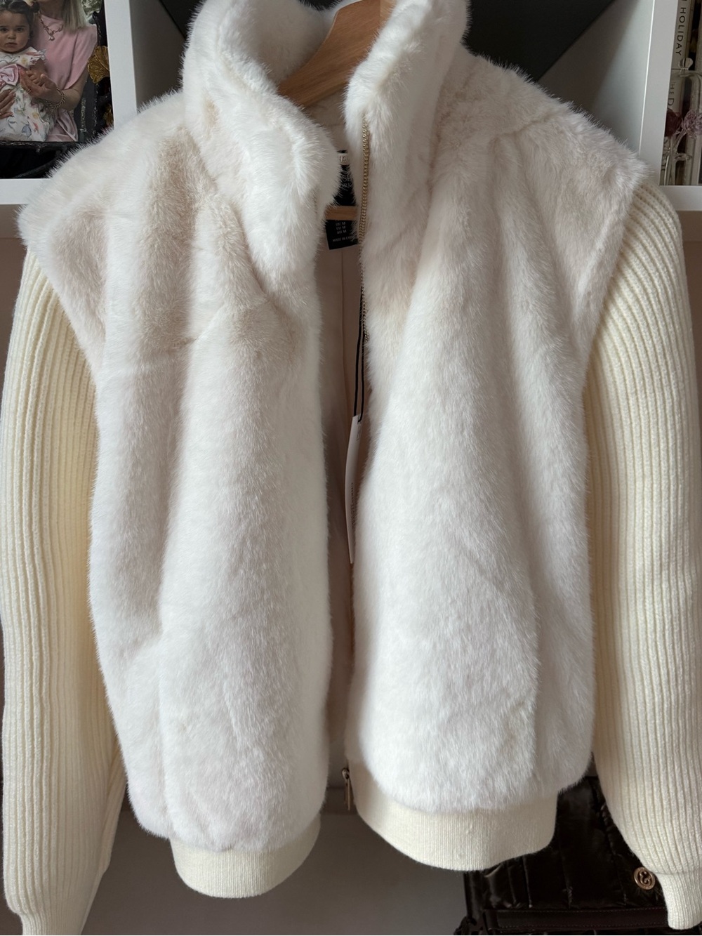 Christian Siriano Off-White Faux-Fur & Knit Zip Jacket